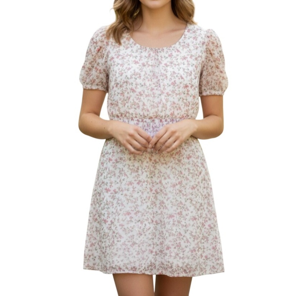 I.N. SAN FRANCISCO Lined CREPE CHIFFON White/Pink Floral BLOUSON SHIFT DRESS XL